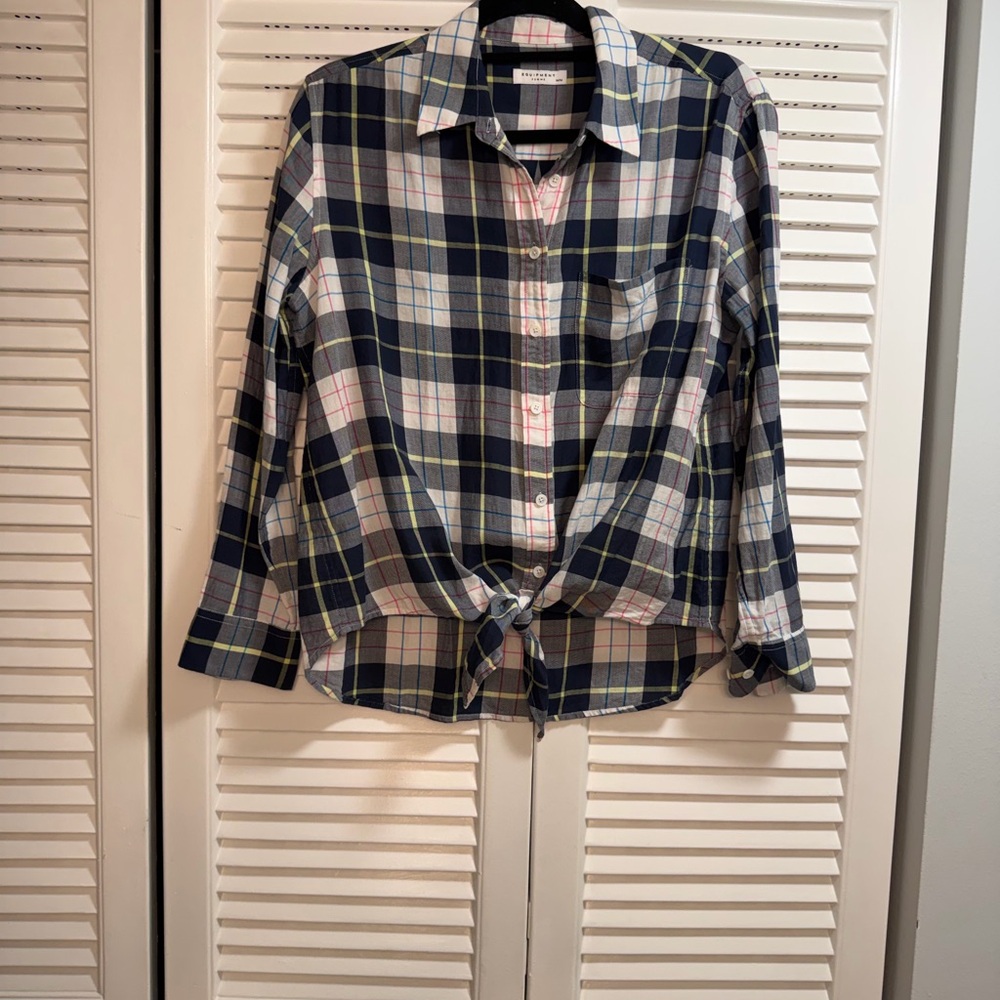 Equipment Navy Plaid Cotton Button Down Blouse With Tied Front